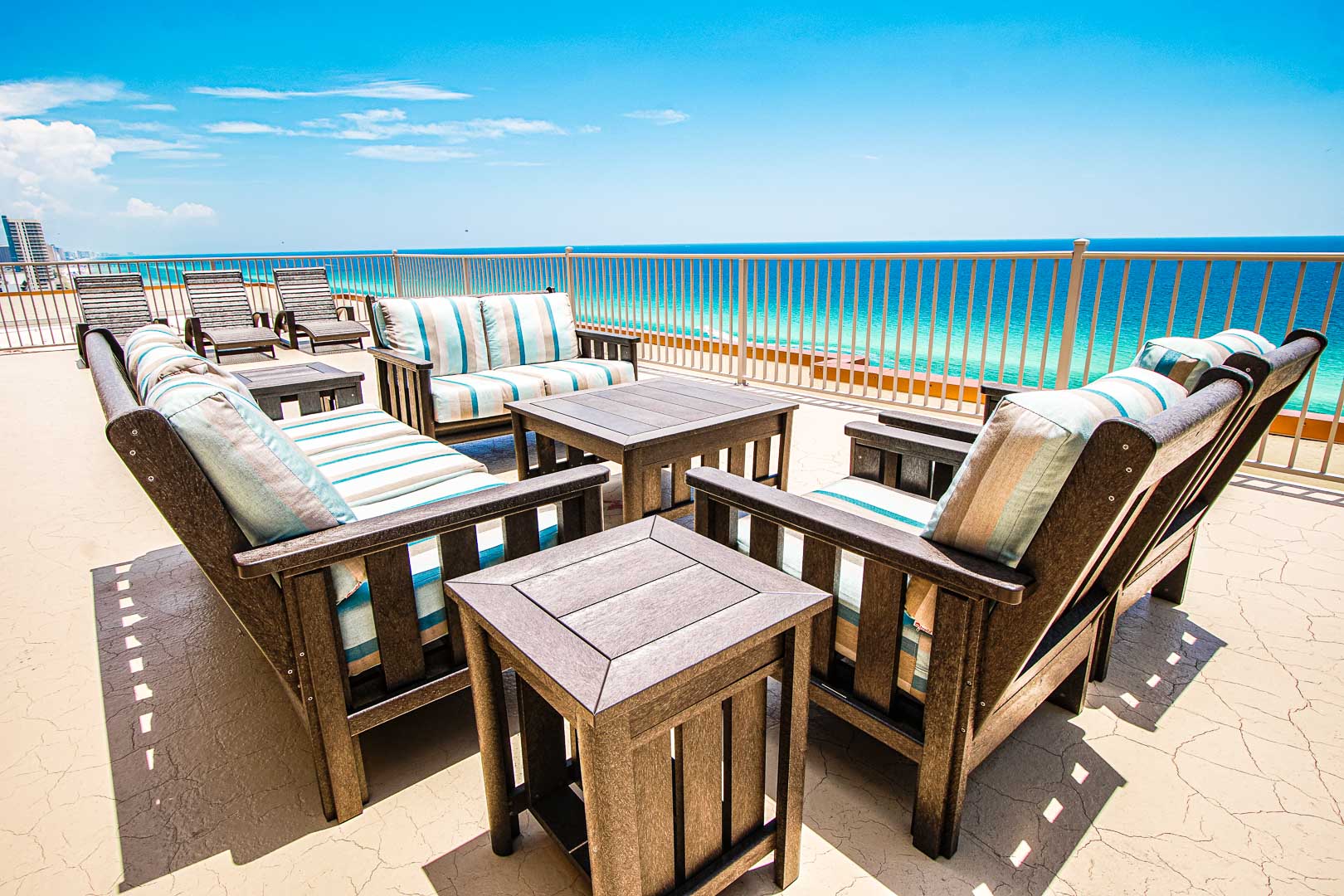 A relaxing view of the beach at VRI's Landmark Holiday Beach Resort in Panama City, Florida.